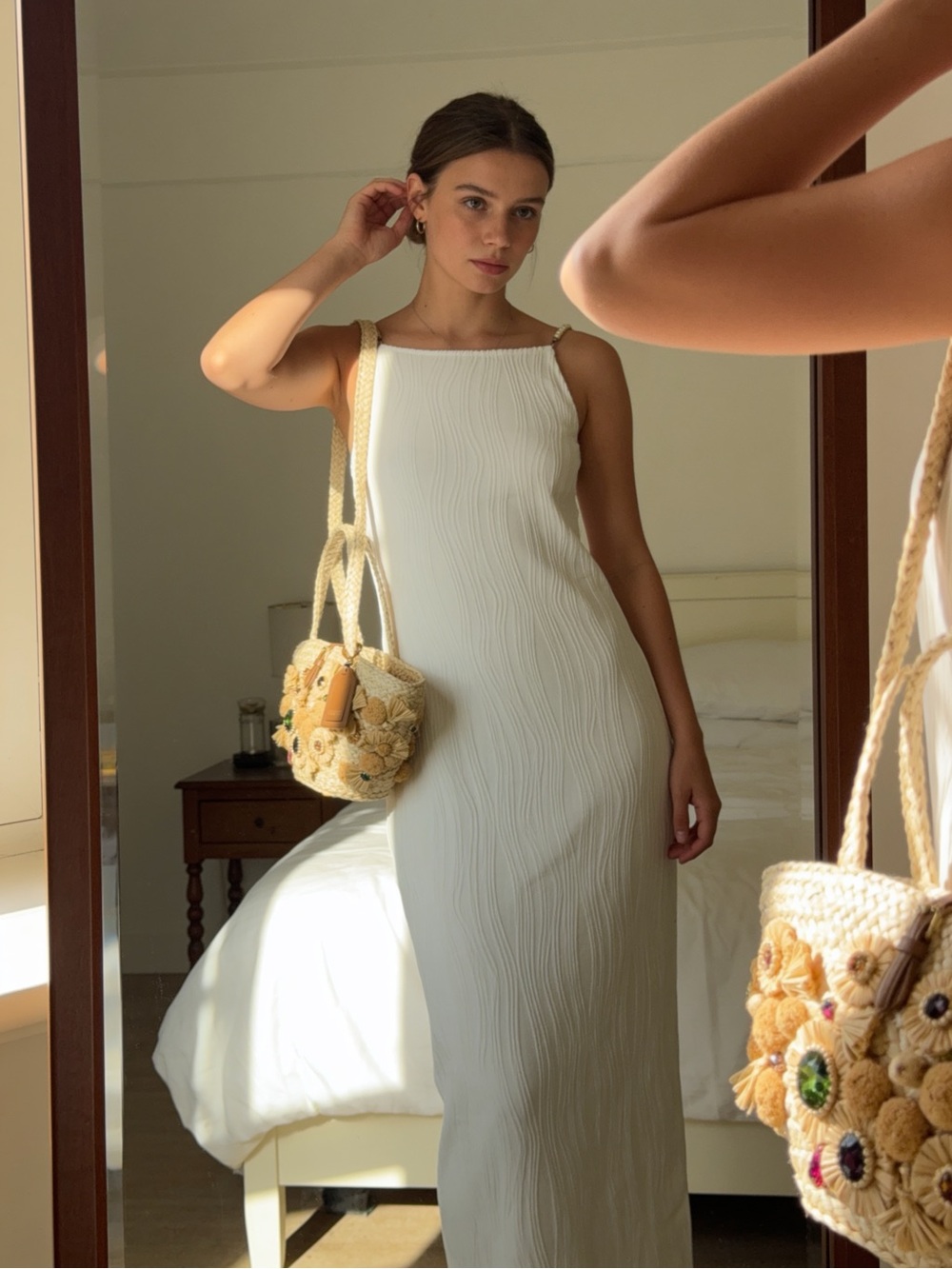 RIHOAS White Sleeveless Wave Pattern Maxi Dress with Pearl Straps